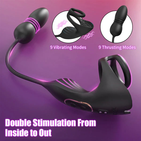 BlissRoom - 9 Thrusting & Vibrating Prostate Massager with Dual Cocking Rings Testicular Stimulator