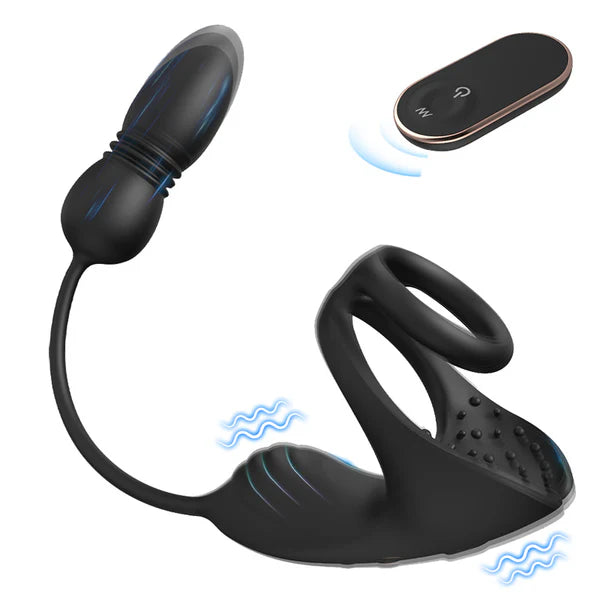 BlissRoom - 9 Thrusting & Vibrating Prostate Massager with Dual Cocking Rings Testicular Stimulator